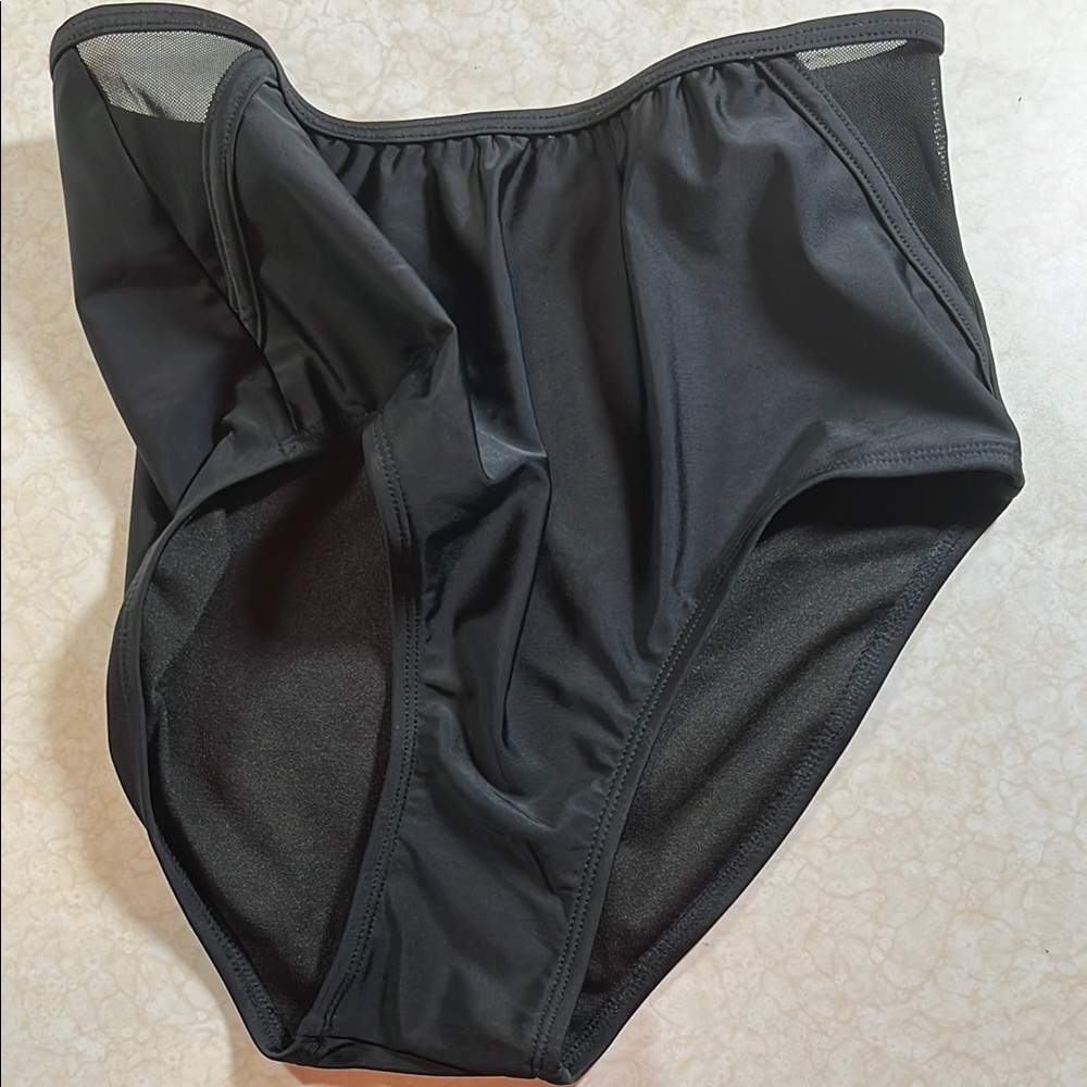 High-Waisted Black Swim Bottoms with Sexy See Through Net Trim on Both Sides